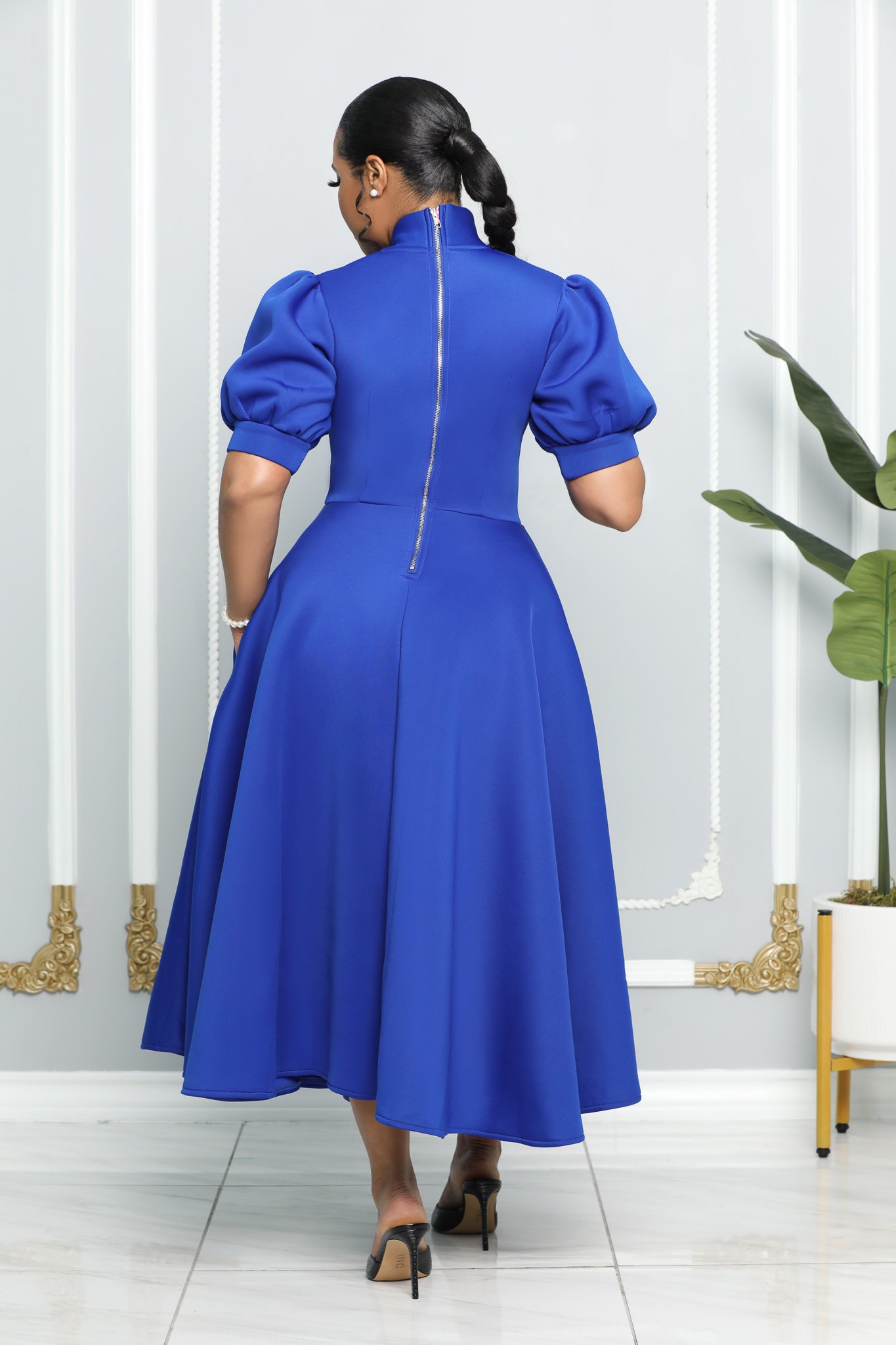 BUBBLE SLEEVE NECK BOW FIT AND FLARE DRESS (ROYAL BLUE) Dress Code