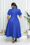 BUBBLE SLEEVE NECK BOW FIT AND FLARE DRESS (ROYAL BLUE)