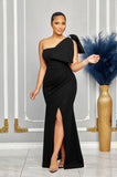 ONE SHOULDER BOW DETAIL GLITTER MAXI DRESS (BLACK)