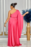 ELEGANCE ONE SHOULDER CAPE SLEEVE MAXI DRESS (ROSE PINK)