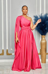 ELEGANCE ONE SHOULDER CAPE SLEEVE MAXI DRESS (ROSE PINK)