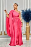 ELEGANCE ONE SHOULDER CAPE SLEEVE MAXI DRESS (ROSE PINK)