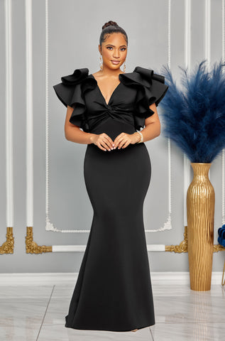 FLUTTER SLEEVE DRAPED DETAIL MERMAID MAXI DRESS (BLACK) – Dress Code Chic  Official