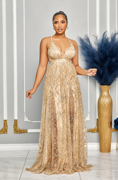 GLITTER AND SEQUIN OPEN BACK GOWN (GOLD)