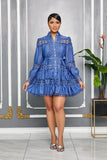 MOCK NECK CROCHET DETAIL SELF TIE BELT MINI DRESS (INDIGO BLUE)