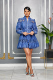 MOCK NECK CROCHET DETAIL SELF TIE BELT MINI DRESS (INDIGO BLUE)