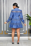 MOCK NECK CROCHET DETAIL SELF TIE BELT MINI DRESS (INDIGO BLUE)