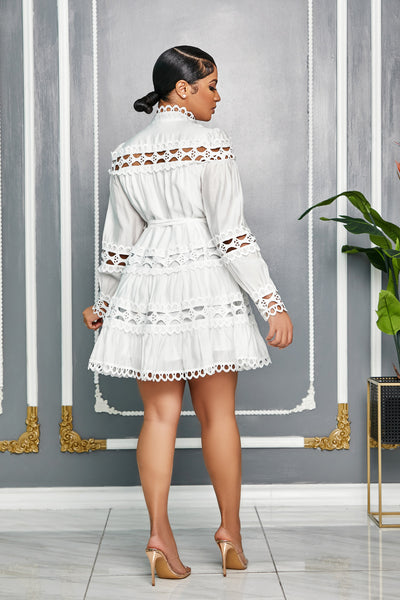 MOCK NECK CROCHET DETAIL SELF TIE BELT MINI DRESS (WHITE)