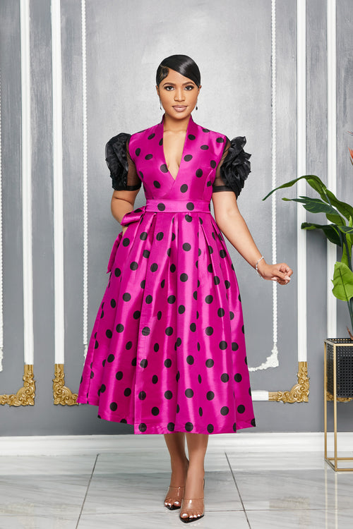 POLKA DOT PRINT WRAP AROUND FLOWER SLEEVES DRESS (FUCHSIA)