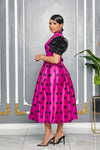 POLKA DOT PRINT WRAP AROUND FLOWER SLEEVES DRESS (FUCHSIA)