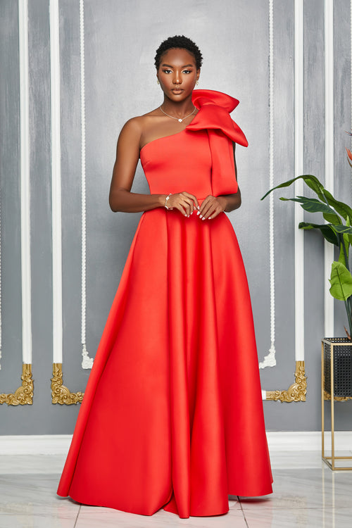 FLOOR-LENGHT ONE SHOULDER BOW BALL GOWN WITH SLIT (RED)