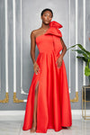 SINGLE SHOULDER BOW DETAIL MAXI DRESS WITH SLIT AND POCKETS (RED)