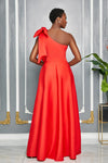 SINGLE SHOULDER BOW DETAIL MAXI DRESS WITH SLIT AND POCKETS (RED)