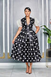 POLKA DOT PRINT WRAP AROUND FLOWER SLEEVES DRESS (BLACK/WHITE)