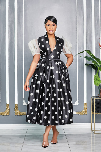 POLKA DOT PRINT WRAP AROUND FLOWER SLEEVES DRESS (BLACK/WHITE)