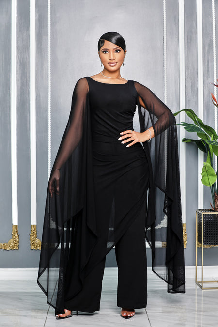 V NECKLINE PUFF SHOULDER SLIT LEG JUMPSUIT (BLACK)