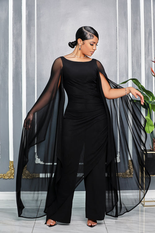 TIMELESS APPEAL CAPE SLEEVES RUCHED DETAIL JUMPSUIT (BLACK)