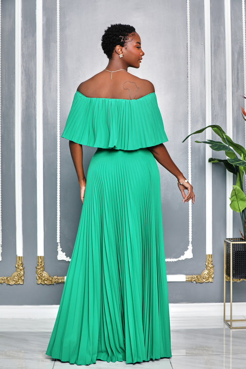 ELEGANT OFF SHOULDER PLEATED MAXI DRESS (GREEN)