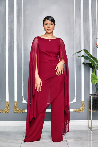 TIMELESS APPEAL CAPE SLEEVES RUCHED DETAIL JUMPSUIT (BURGUNDY)