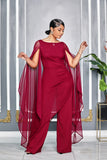 TIMELESS APPEAL CAPE SLEEVES RUCHED DETAIL JUMPSUIT (BURGUNDY)