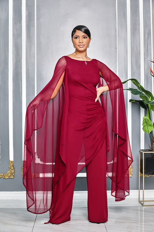 TIMELESS APPEAL CAPE SLEEVES RUCHED DETAIL JUMPSUIT (BURGUNDY)