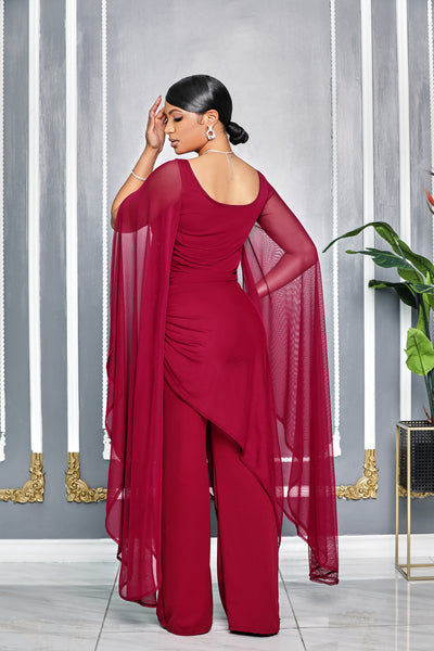 TIMELESS APPEAL CAPE SLEEVES RUCHED DETAIL JUMPSUIT (BURGUNDY)