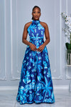 FLORAL PRINT HALTER NECK TIE OPEN BACK MAXI DRESS (ROYAL BLUE)