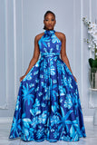 FLORAL PRINT HALTER NECK TIE OPEN BACK MAXI DRESS (ROYAL BLUE)