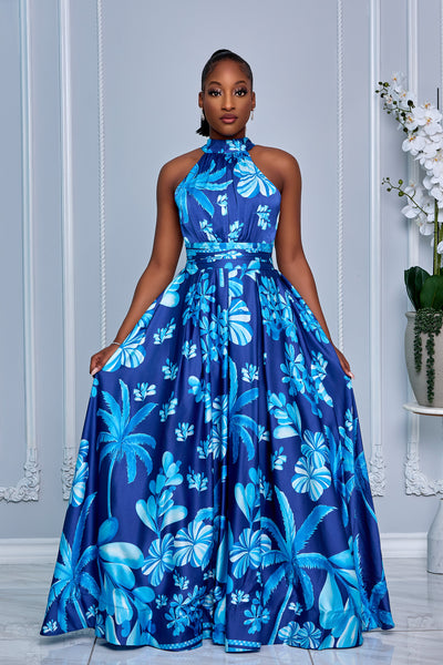 FLORAL PRINT HALTER NECK TIE OPEN BACK MAXI DRESS (ROYAL BLUE)