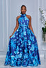 FLORAL PRINT HALTER NECK TIE OPEN BACK MAXI DRESS (ROYAL BLUE)