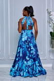 FLORAL PRINT HALTER NECK TIE OPEN BACK MAXI DRESS (ROYAL BLUE)