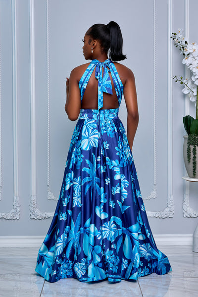 FLORAL PRINT HALTER NECK TIE OPEN BACK MAXI DRESS (ROYAL BLUE)