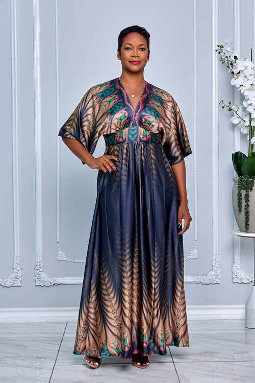 KIMONO SLEEVE ELASTIC BACK WAISTED BORDER PRINTED MAXI DRESS (NAVY MULTI)