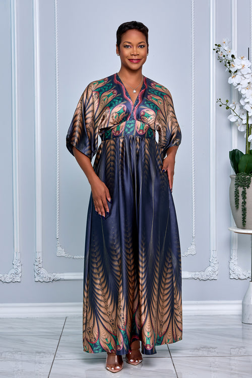 KIMONO SLEEVE ELASTIC BACK WAISTED BORDER PRINTED MAXI DRESS (NAVY MULTI)