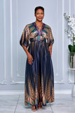 KIMONO SLEEVE ELASTIC BACK WAISTED BORDER PRINTED MAXI DRESS (NAVY MULTI)