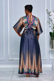 KIMONO SLEEVE ELASTIC BACK WAISTED BORDER PRINTED MAXI DRESS (NAVY MULTI)