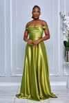 SWEETHEART NECKLINE GLOSSY SATIN OFF SHOULDER GOWN
