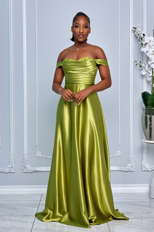 SWEETHEART NECKLINE GLOSSY SATIN OFF SHOULDER GOWN