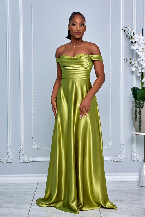 SWEETHEART NECKLINE GLOSSY SATIN OFF SHOULDER GOWN