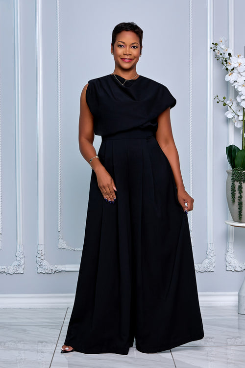 ABSTRACT SCARF-NECK DETAIL WIDE-LEG BLACK JUMPSUIT