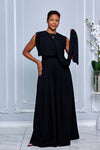ABSTRACT SCARF-NECK DETAIL WIDE-LEG BLACK JUMPSUIT
