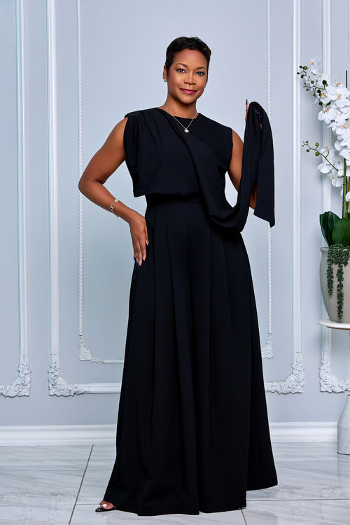 ABSTRACT SCARF-NECK DETAIL WIDE-LEG BLACK JUMPSUIT