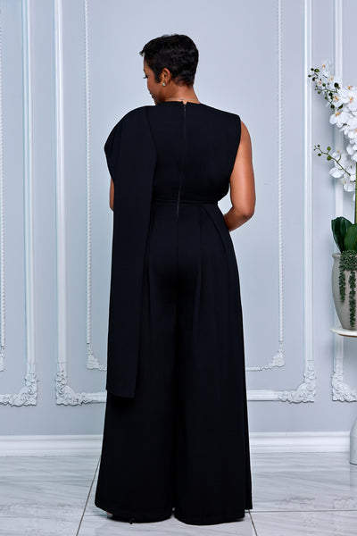 ABSTRACT SCARF-NECK DETAIL WIDE-LEG BLACK JUMPSUIT