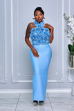 3D ROSETTE BODICE HALTER BANDAGE MAXI DRESS (BABY BLUE)