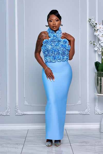 3D ROSETTE BODICE HALTER BANDAGE MAXI DRESS (BABY BLUE)