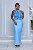 3D ROSETTE BODICE HALTER BANDAGE MAXI DRESS (BABY BLUE)