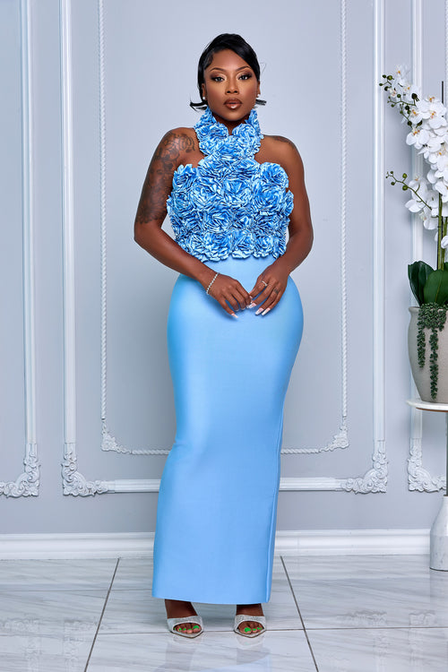 3D ROSETTE BODICE HALTER BANDAGE MAXI DRESS (BABY BLUE)
