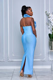 3D ROSETTE BODICE HALTER BANDAGE MAXI DRESS (BABY BLUE)
