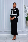 ROUND NECK CONTRACT TRIM BUTTON FRONT SWEATER DRESS (BLACK)