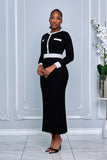 ROUND NECK CONTRACT TRIM BUTTON FRONT SWEATER DRESS (BLACK)